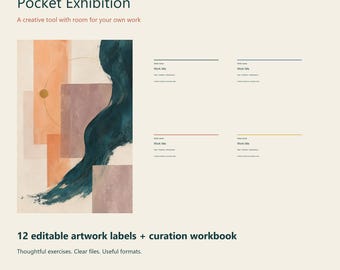 May include: A digital product titled Pocket Exhibition by Patternstead Studio Practice, featuring 12 editable artwork labels and a curation workbook. The design includes an abstract illustration with peach, mauve, and dark teal brushstrokes.