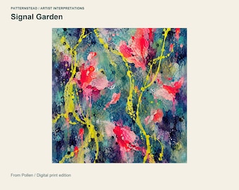 May include: A digital print titled Signal Garden from Patternstead / Artist Interpretations. The artwork features an abstract composition with vibrant pink, deep blue, and teal layers, overlaid with bright yellow, vine-like splattered lines.
