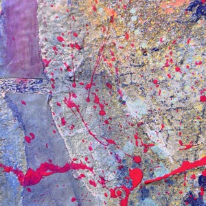 May include: An abstract painting featuring a textured surface with layers of gray, blue, and yellow paint. The composition is marked by vibrant hot pink paint splatters and drips that extend across the canvas, creating a high-contrast visual effect.