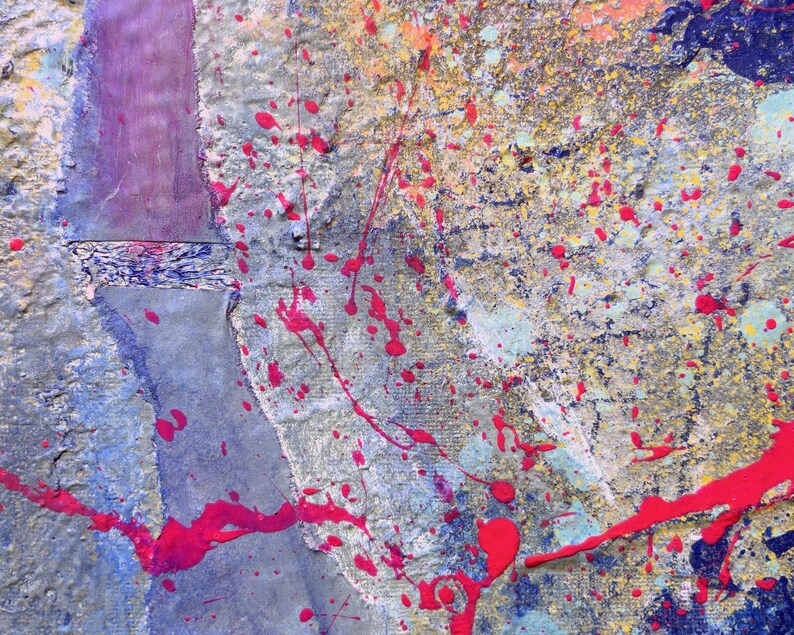 May include: An abstract painting featuring a textured surface with layers of gray, blue, and yellow paint. The composition is marked by vibrant hot pink paint splatters and drips that extend across the canvas, creating a high-contrast visual effect.