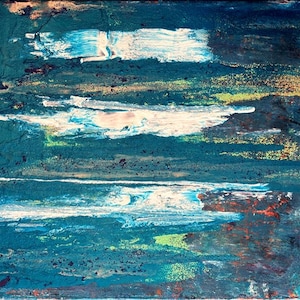 May include: An abstract painting featuring horizontal layers of deep teal, navy blue, and dark green paint. Thick, textured white brushstrokes streak across the center, accented by subtle flecks of gold, lime green, and copper tones throughout.