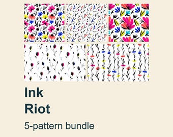 May include: A collection of five digital patterns titled Ink Riot 5-pattern bundle. The designs feature botanical illustrations with black stems and vibrant floral accents in shades of hot pink, blue, and yellow against a white background.