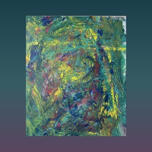 May include: An abstract painting featuring thick, layered brushstrokes in shades of forest green, lime yellow, deep navy blue, and hints of crimson red. The composition displays a textured, multi-directional application of paint across the canvas.