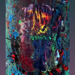 May include: An abstract painting on canvas featuring a chaotic blend of dark blue, deep red, and black tones. Bright yellow, neon green, and vibrant red paint splatters and thick, textured brushstrokes create a layered, high-contrast composition.