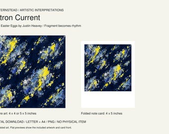 May include: Digital artwork titled Citron Current by Justin Heavey featuring a dark blue background with abstract yellow and white textured paint strokes. Includes square art in 4x4 or 5x5 inches and a 4x5 inch folded note card design.