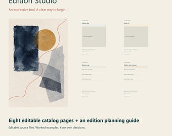 May include: A digital product titled Edition Studio by Patternstead featuring eight editable catalog pages and an edition planning guide. The design includes an abstract illustration with a dark blue rectangle, a gold circle, and a thin red line.