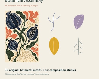 May include: A digital design resource titled Botanical Assembly by Patternstead. It features a large illustration of dark blue poppy-like seed pods, green leaves, and orange flowers, alongside four simple line-drawn botanical motifs.
