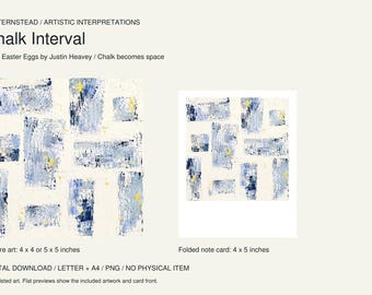 May include: Digital download titled Chalk Interval by Justin Heavey featuring abstract blue, white, and yellow rectangular shapes. Includes square art in 4x4 or 5x5 inches and a 4x5 inch folded note card design in Letter and A4 formats.