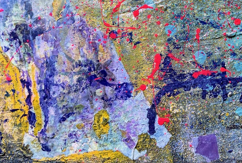 May include: An abstract painting on canvas featuring a textured surface with layers of paint in shades of purple, blue, yellow, and gold. The composition includes vibrant neon pink paint splatters and drips scattered across the textured background.