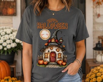 Happy Halloween Witch House Shirt, Witch Hat House Tee, Cute Halloween Witch Tshirt, Cozy Fall Vibes Witchcore Aesthetic Gift