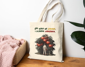 Life Gave Me Lemons I Planted Tomatoes Tote Bag, Funny Gardener Gift Canvas Bag, Vintage Garden Grocery Tote, Plant Lady Gift for Her