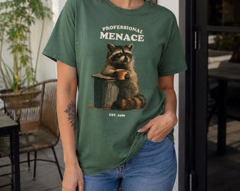 Professional Menace Shirt, Trash Panda Coffee Addict Tee, Raccoon Caffeine Addiction Graphic Tshirt, Funny Raccoon Lover Gift