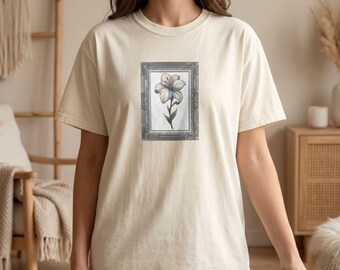 Stained Glass Lily Shirt, Framed Flower Art Tee, Vintage Botanical Tshirt, Lily Aesthetic Gift, Flower Mosaic Art Shirt for Plant Lovers