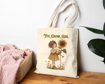 You Grow Girl Tote Bag, Sunflower Tote Bag for Gardeners, Cottagecore Canvas Bag, Vintage Garden Girl Plant Lover Tote Gift