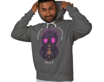 Purple Gas Mask Hoodie, Cyberpunk Gas Mask Sweatshirt, Soviet Gas Mask Pullover, Biohazard Techwear Hoodie, Dystopian Streetwear Gift