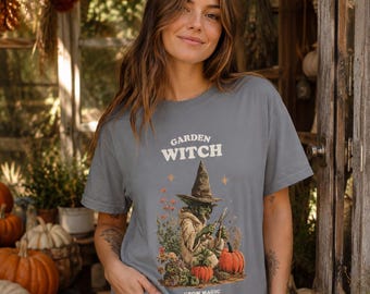 Garden Witch Grow Magic Shirt, Cottagecore Witch Tee, Witchcore Aesthetic Gardening Gift, Autumn Witch Pumpkin Patch Tshirt