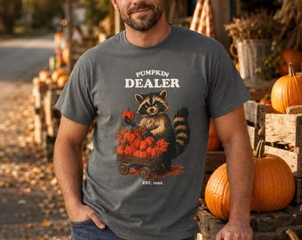 Pumpkin Dealer Est 1692 Shirt, Raccoon Mom Fall Tee, Pumpkin Patch Shirt, Harvest Season Tshirt, Cottagecore Fall Graphic Tee