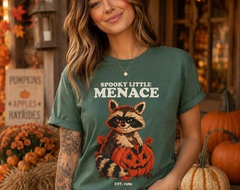 Spooky Little Menace Shirt, Halloween Raccoon Graphic Tee, Trash Panda Fall Season Shirt, Cute Jack O Lantern Autumn Tshirt