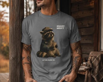 Night Shift Raccoon Shirt, After Dark Co. Coffee Tee, Trash Panda Shirt, Raccoon Dad Coffee Addict Gift, Critter Aesthetic Tshirt