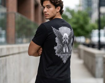 Praying Angel Shirt, Guardian Angel Wings Tee, Faith Shirt Men, Christian Streetwear, Armor of God Shirt, Prayer Hands Back Print Tshirt