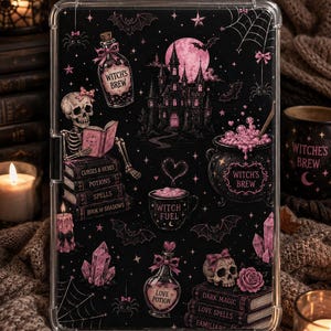 May include: A clear tablet case featuring a black background with pink illustrations of a castle, a full moon, skeletons, skulls, potion bottles labeled Witch's Brew and Love Potion, a cauldron, books titled Curses & Hexes, and bats.