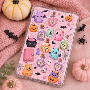 May include: A clear tablet case featuring a pink background with a pattern of cute monsters, potion bottles labelled Love Potion, Spooky Bubbles, Pumpkin Juice, Witches Brew, and Monster Mix, a black cauldron, a pink book, ghosts, bats, and spiders.