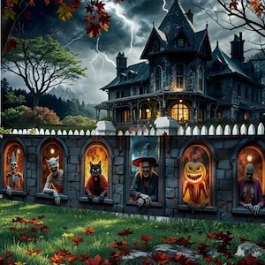 May include: A stone wall featuring six arched windows, each displaying a different figure: a skeleton, a creature, a black cat, a witch, a jack-o'-lantern, and a person. Behind the wall stands a large dark house under a stormy sky with lightning.