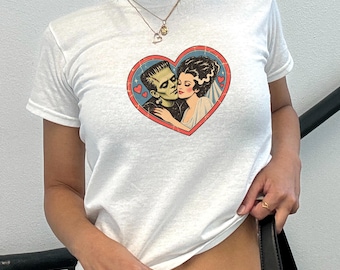 Frankenstein Bride Baby Tee, 90s Gothic Horror Couple Shirt, Y2K Retro Halloween Top