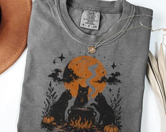 Comfort Colors® Retro Black Cat Halloween Shirt, Witch Cats Graphic Tee , Spooky Season Outfit