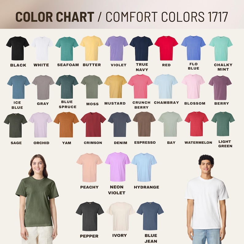 May include: A color chart for Comfort Colors 1717 t-shirts displaying a grid of various solid-colored shirts with their corresponding names printed below each. The chart includes shades like black, white, seafoam, butter, violet, navy, red, and others.