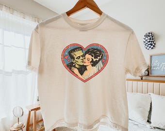 Frankenstein Shirt, Frankenstein & Bride Boxy Tee, 90s Gothic Horror Shirt, Retro Halloween Top, Retro Monster Couple Shirt,