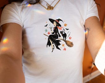 Retro Witch & Cat Ringer Tee, Cute Halloween Party Top, Vintage Witch Black Cat Graphic Babytee, Spooky Rib Babytee