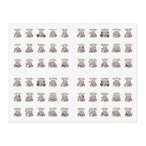 May include: A sticker sheet featuring multiple rows of small, cartoon raccoon characters in purple hoodies, each engaged in various computer programming tasks with humorous text captions like Works On My Machine and Just One More Bug.