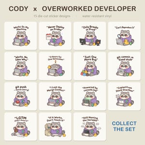 Grappige programmeursticker, Git Commit Fixed Stuff, schattige wasbeer programmeur humor, waterbestendige sticker voor laptop of waterfles, Cody afbeelding 3