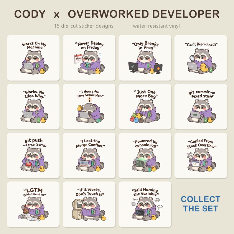 Grappige programmeursticker, Git Commit Fixed Stuff, schattige wasbeer programmeur humor, waterbestendige sticker voor laptop of waterfles, Cody afbeelding 3