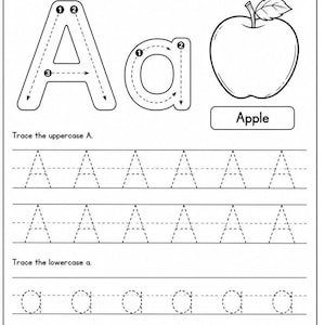 May include: A black and white educational worksheet titled Letter Aa Tracing. It features an uppercase A, a lowercase a, and an apple illustration. The page includes lines for tracing the uppercase A and lowercase a, with Name and Date fields.