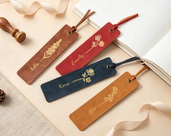 BUY 5 GET 1 FREE Personalized Leather Bookmark, Foil-Printed Birth Flower Name, Book Lover Gift