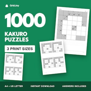 Peut inclure: Une collection de 1000 puzzles Kakuro avec des grilles blanches et grises sur des feuilles de papier blanc. Le texte indique GridJoy, 1000 KAKURO PUZZLES, 3 PRINT SIZES, A4 + US LETTER, INSTANT DOWNLOAD et ANSWERS INCLUDED sur fond vert.