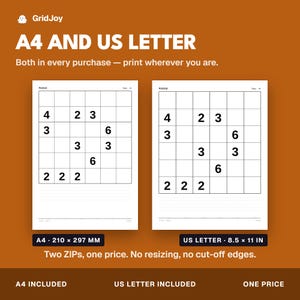 Peut inclure: Deux feuilles de puzzle imprimables sur fond marron. Le texte indique A4 AND US LETTER. Chaque feuille pr&eacute;sente une grille avec les chiffres 2, 3, 4 et 6. Les &eacute;tiquettes indiquent A4 210 x 297 mm et US LETTER 8.5 x 11 in. Logo GridJoy en haut.