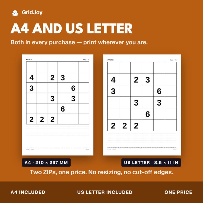 Peut inclure: Deux feuilles de puzzle imprimables sur fond marron. Le texte indique A4 AND US LETTER. Chaque feuille pr&eacute;sente une grille avec les chiffres 2, 3, 4 et 6. Les &eacute;tiquettes indiquent A4 210 x 297 mm et US LETTER 8.5 x 11 in. Logo GridJoy en haut.