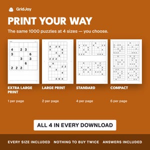 Peut inclure: Un affichage de produit num&eacute;rique sur fond marron avec le texte GridJoy, PRINT YOUR WAY et ALL 4 IN EVERY DOWNLOAD. Il pr&eacute;sente quatre mises en page de Sudoku nomm&eacute;es Extra Large Print, Large Print, Standard et Compact avec 1 &agrave; 6 grilles par page.