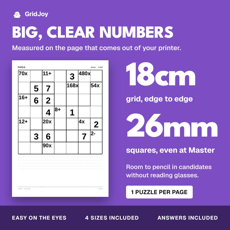 Peut inclure: Une page de puzzle GridJoy avec une grande grille de type Sudoku contenant des chiffres et des op&eacute;rateurs math&eacute;matiques. Le texte indique BIG, CLEAR NUMBERS, 18cm grid, edge to edge, 26mm squares, even at Master, 1 PUZZLE PER PAGE, EASY ON THE EYES, 4 SIZES INCLUDED, ANSWERS INCLUDED.