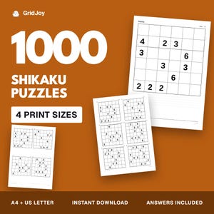 Peut inclure: Une collection de 1000 puzzles Shikaku sur des feuilles de papier blanc sur un fond orange uni. Le texte indique GridJoy, 1000 Shikaku Puzzles, 4 Print Sizes, A4 + US Letter, Instant Download, et Answers Included. Les grilles contiennent des chiffres.
