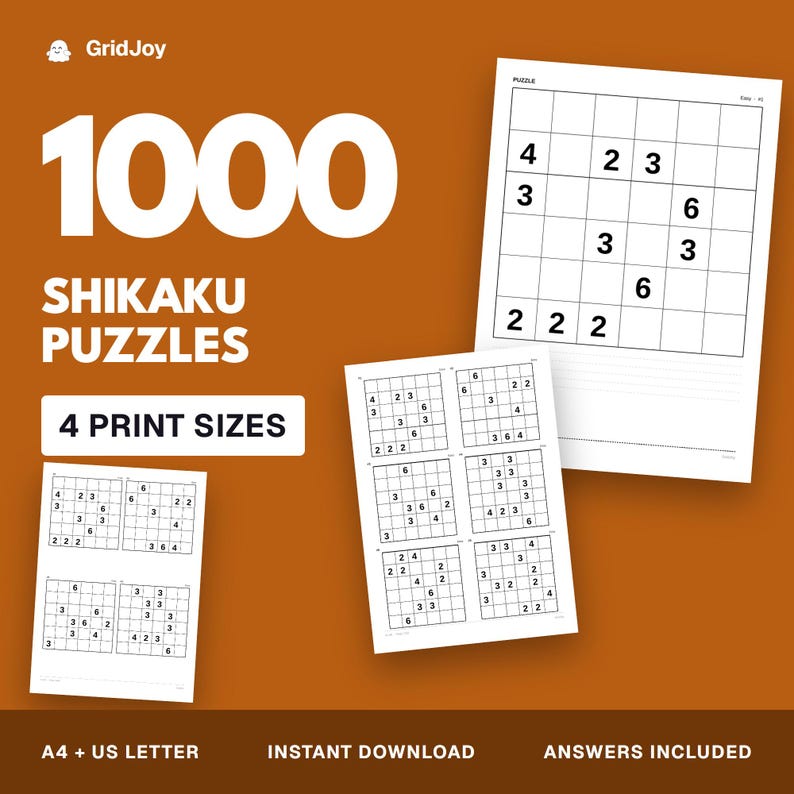 Peut inclure: Une collection de 1000 puzzles Shikaku sur des feuilles de papier blanc sur un fond orange uni. Le texte indique GridJoy, 1000 Shikaku Puzzles, 4 Print Sizes, A4 + US Letter, Instant Download, et Answers Included. Les grilles contiennent des chiffres.