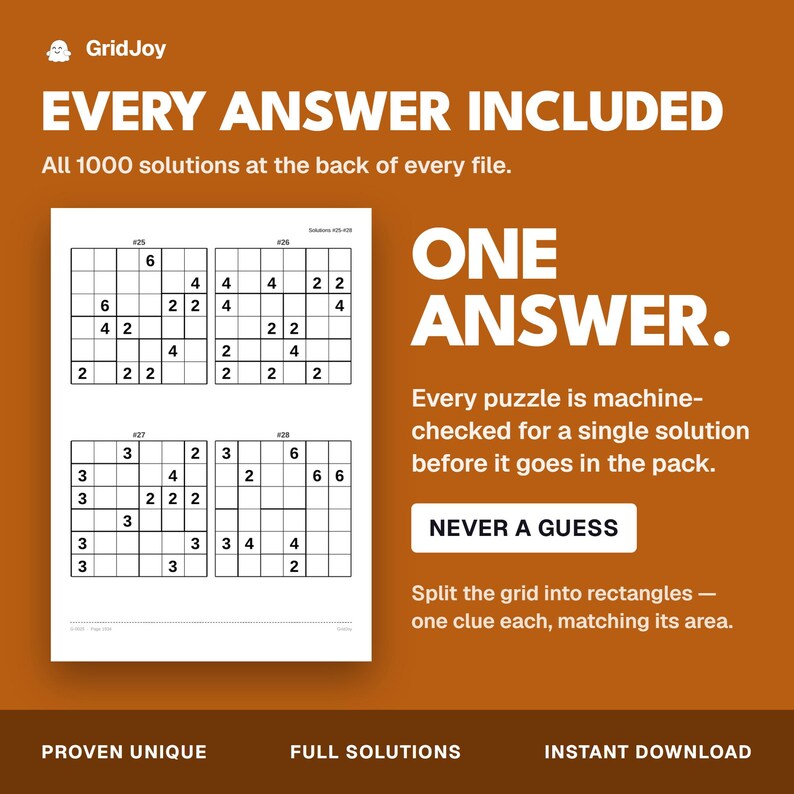 Peut inclure: Une feuille de puzzle GridJoy sur fond marron avec le texte EVERY ANSWER INCLUDED, ONE ANSWER, NEVER A GUESS et des instructions. La feuille affiche quatre grilles logiques num&eacute;rot&eacute;es avec des lignes et des chiffres noirs, montrant les solutions.
