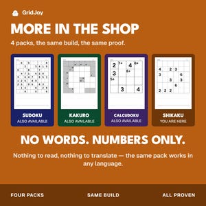 Peut inclure: Un graphique promotionnel pour GridJoy pr&eacute;sentant quatre types de puzzles : Sudoku, Kakuro, Calcudoku et Shikaku. Chaque puzzle est affich&eacute; dans un cadre color&eacute; avec le texte 'MORE IN THE SHOP', '4 packs, the same build, the same proof' et 'NO WORDS. NUMBERS ONLY.'