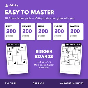 Peut inclure: Un graphique violet de pack de puzzles GridJoy avec le texte EASY TO MASTER et BIGGER BOARDS. Il affiche cinq niveaux de 200 puzzles chacun, soit 1000 puzzles au total. Deux grilles exemples sont montr&eacute;es, une &eacute;tiquet&eacute;e EASY 4x4 et MASTER 7x7.