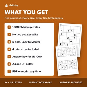 Peut inclure: Une fiche produit num&eacute;rique pour 1000 puzzles Shikaku sur fond marron. Le texte indique : WHAT YOU GET, 1000 Shikaku puzzles, No two puzzles alike, 5 tiers, 4 print sizes, Answer key, A4 and US Letter, PDF. Deux exemples de feuilles sont visibles.