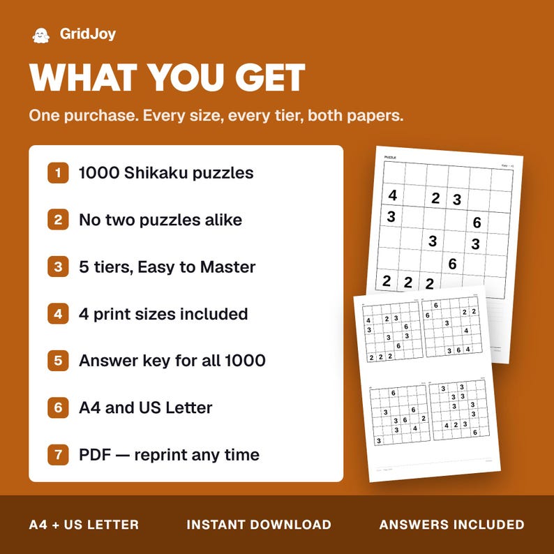 Peut inclure: Une fiche produit num&eacute;rique pour 1000 puzzles Shikaku sur fond marron. Le texte indique : WHAT YOU GET, 1000 Shikaku puzzles, No two puzzles alike, 5 tiers, 4 print sizes, Answer key, A4 and US Letter, PDF. Deux exemples de feuilles sont visibles.