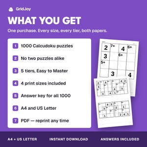 Peut inclure: Un graphique num&eacute;rique violet intitul&eacute; WHAT YOU GET &eacute;num&eacute;rant sept caract&eacute;ristiques de 1000 puzzles Calcudoku, dont 5 niveaux, 4 formats d'impression, des corrig&eacute;s et des fichiers PDF A4 ou US Letter. Deux feuilles blanches avec des grilles sont visibles.